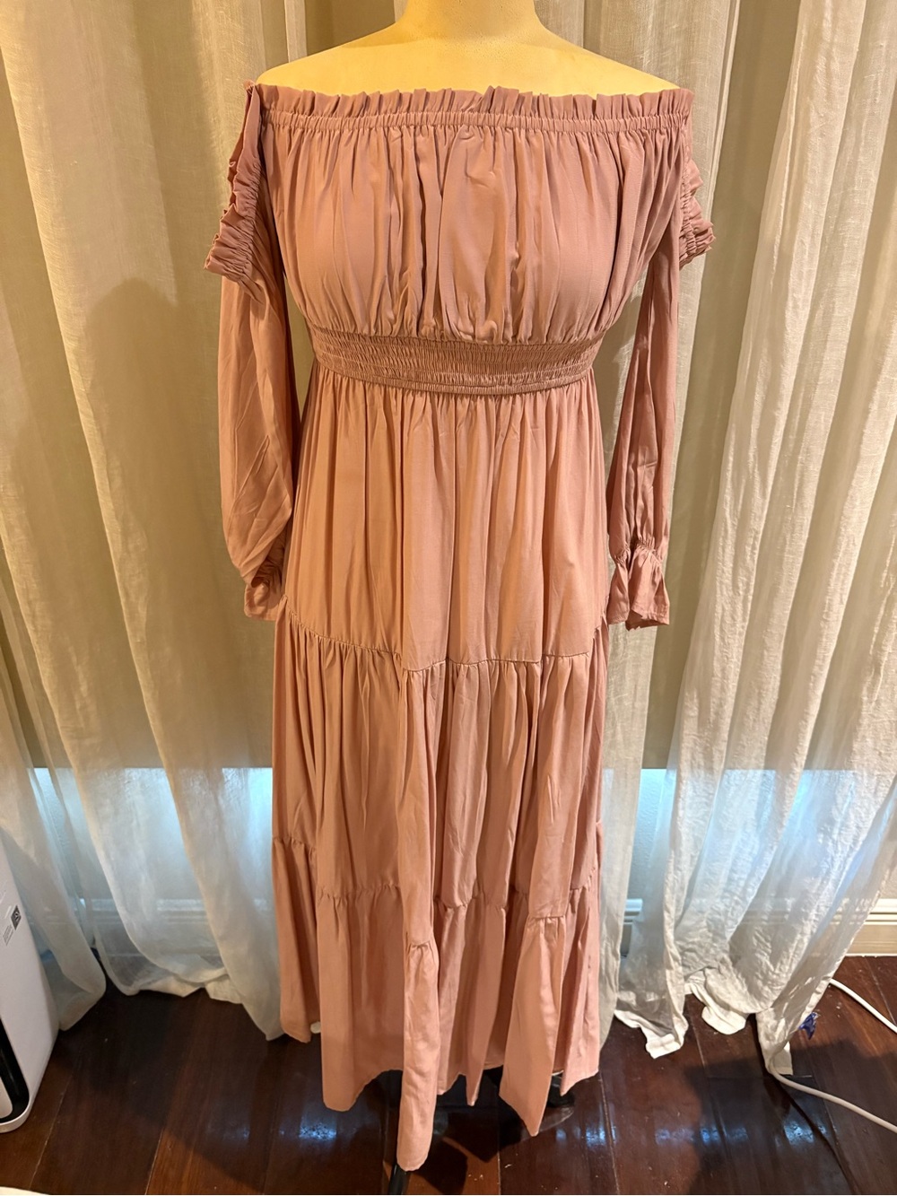 Off-Shoulder Tiered Maxi Dress in Dusty Pink